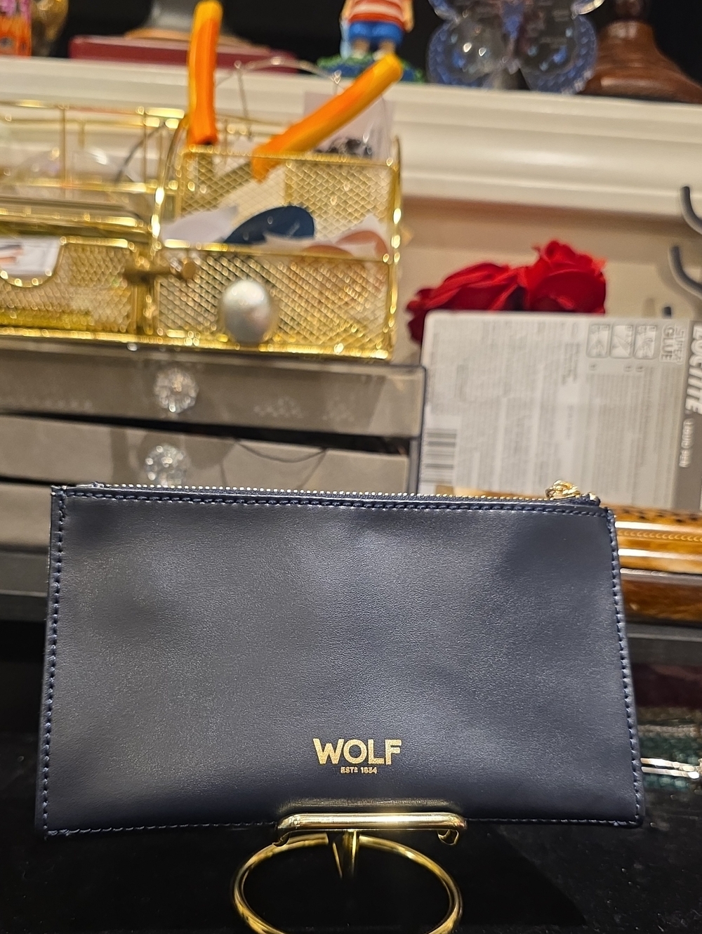 WOLF Navy Leather Zip Pouch